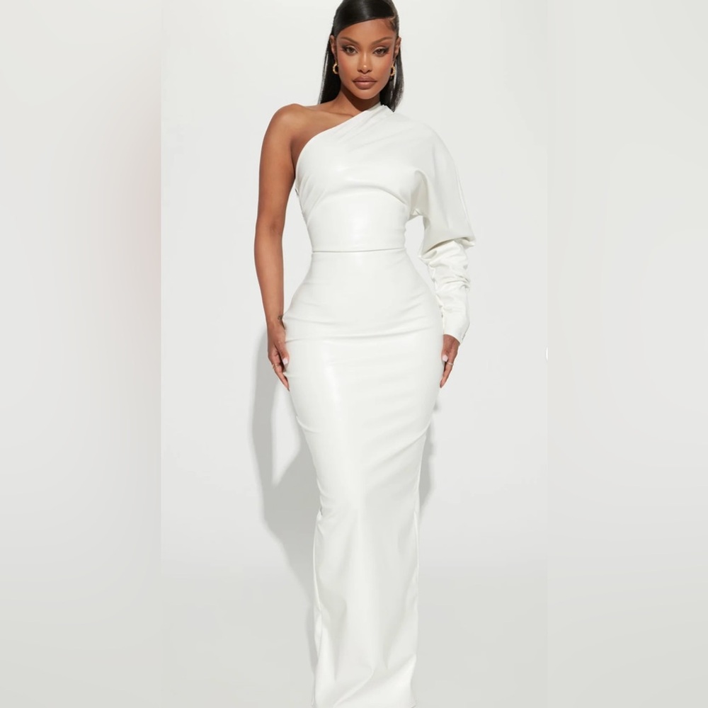 Fashion Nova White One-Shoulder Long Faux Leather Sleeve Maxi Gown